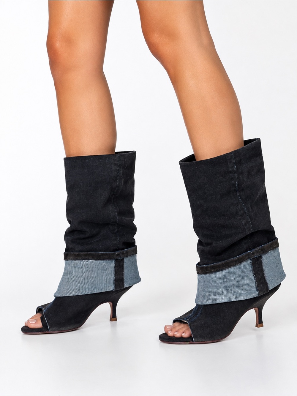 Azalea Wang Tin Brown Open Toe Denim Cuff Slouch Boots NIB